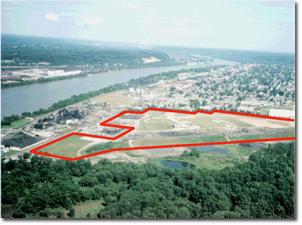 Photo from aerial view of South Ironton Industrial Park, outlined in red