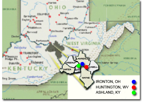 Map of the Huntington-Ashland-Ironton Metro Area